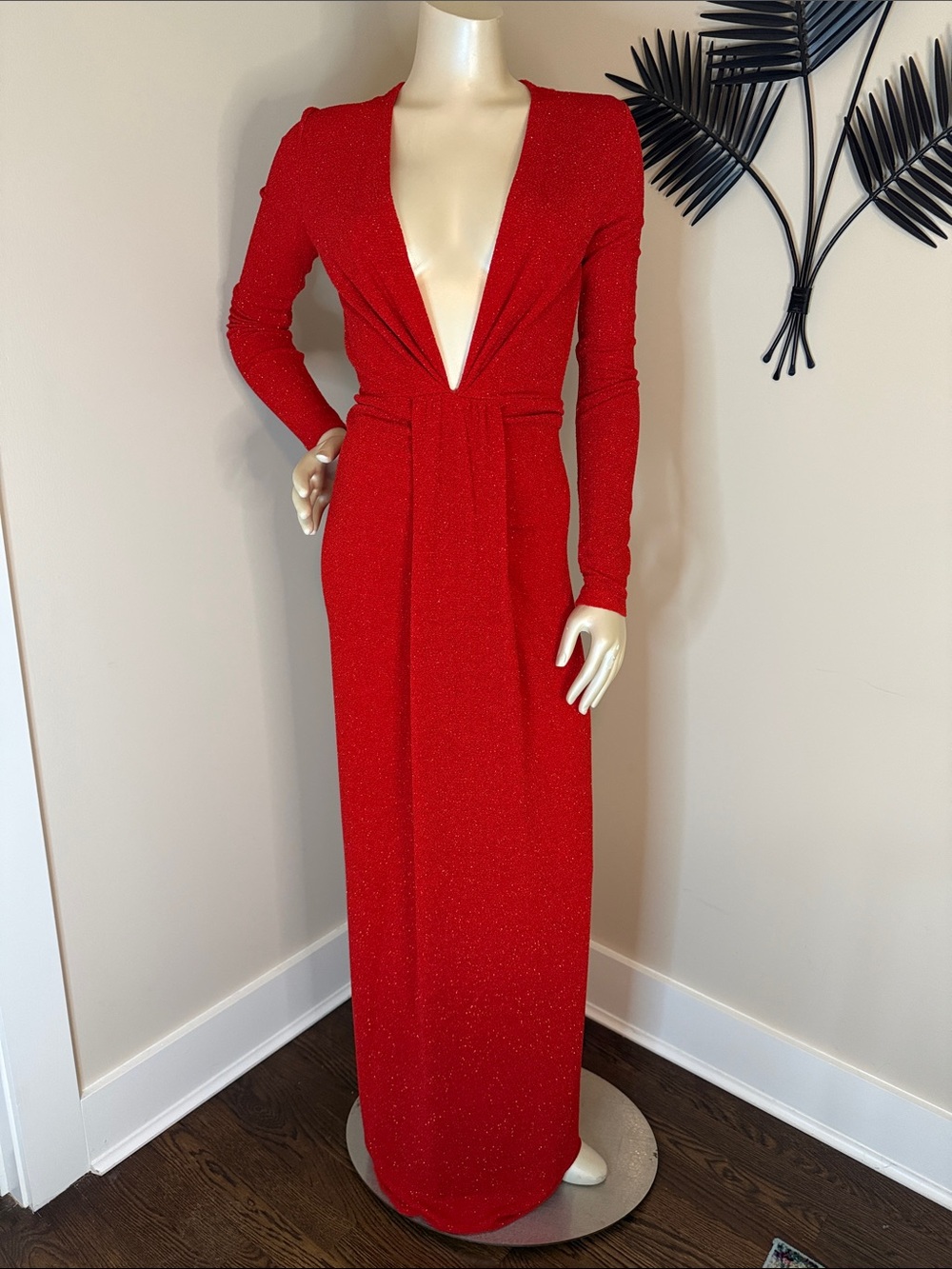 Symphony Red Long-Sleeve Deep V Evening Gown